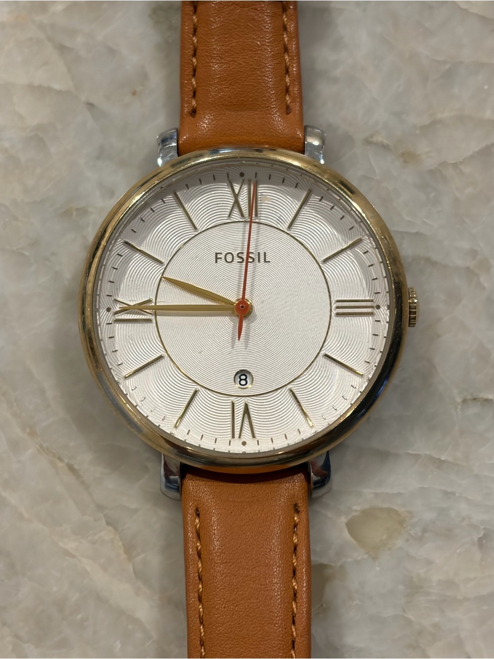 Fossil Gold Watch with Tan Leather Strap - harldy worn, NEEDS NEW BATTERY